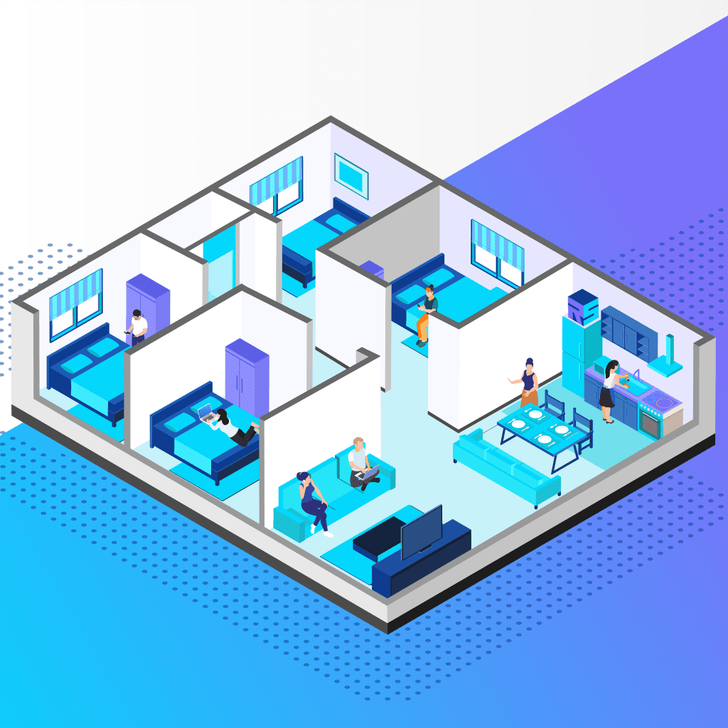 Shared web hosting concept illustrated by a graphic of multiple users renting rooms in a large house, symbolizing shared resources and space on a single server