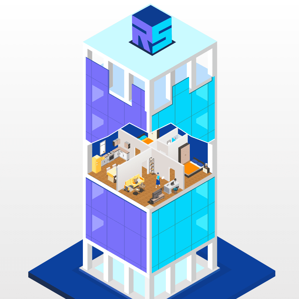 VPS hosting concept depicted through an illustration of individuals living in separate condos within a building, representing private, dedicated resources on a server with shared infrastructure